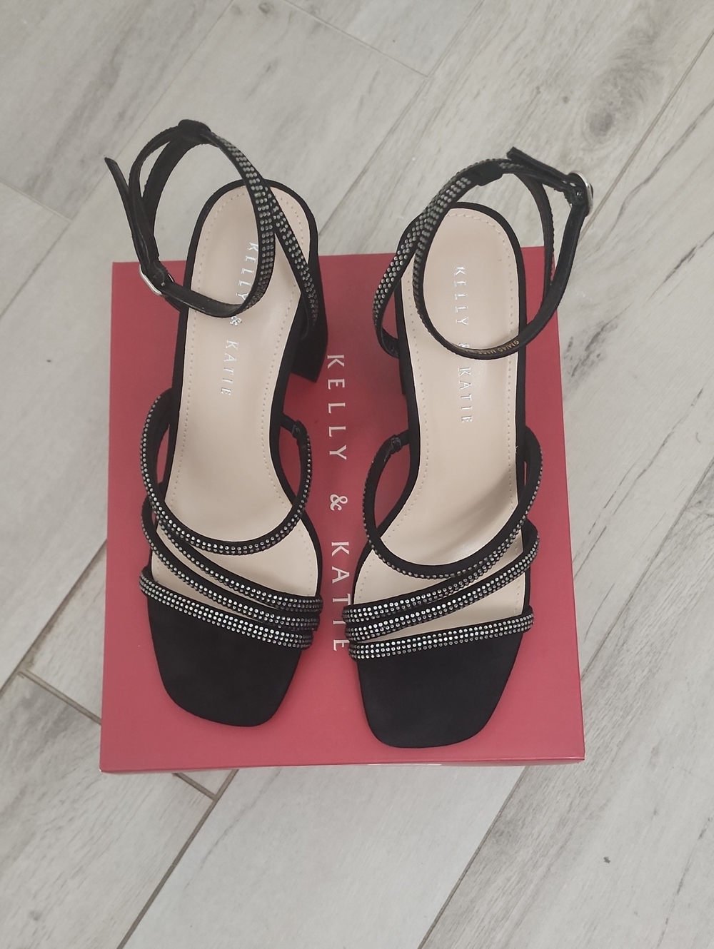 Kelly & Katie Black Rhinestone Strappy Block Heel Sandals